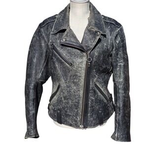Vintage Harley Davidson Distressed Black Leather Biker Motorcycle Jacket